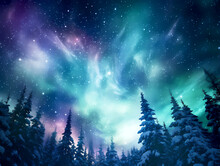 Multicolored Northern Lights, Aurora Borealis With Starry In The Night Sky. Epic Winter Landscape Of Snowy Forest Landscape