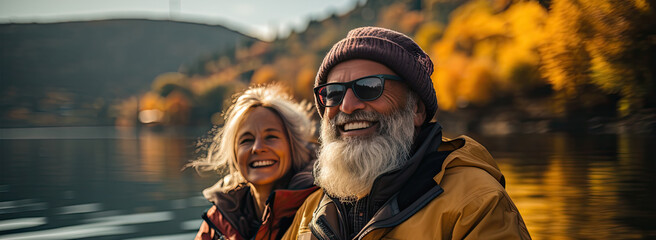 Happy active elderly couple is engaged in canoeing on the lake in the fall