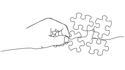 Wall Mural - animated continuous single line drawing of hand holding jigsaw puzzle piece, line art animation