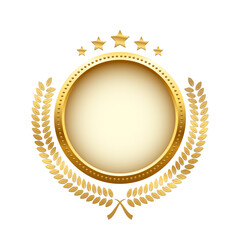 Wall Mural - Gold shiny circle medal, laurel wreath with stars vector illustration. Golden shining round badge prize for winner, award trophy nominee luxury symbol, nomination reward emblem on white background