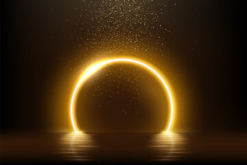 Wall Mural - gold curve neon arch with reflection in water, falling glitter and glow light effect