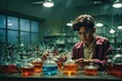 Schoolboy experimenting with the reagents in laboratory. ai generative