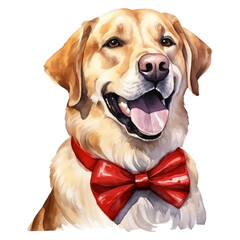 Poster - Watercolor labrador dog golden retriever with red bow tie isolated on transparent background. Generative AI