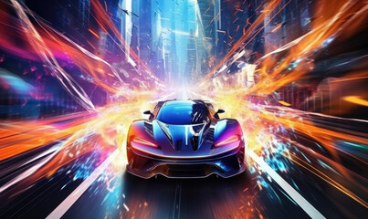 Wall Mural - Futuristic car speeding through neon-lit tunnel.