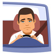 Sleepy tired man driver in car vector illustration isolated on white background. Drowsy asleep person driving auto concept. Male drowsy during ride early in morning routine