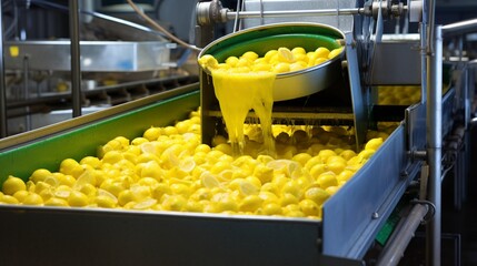 Wall Mural - At the cannery, the process of producing lemons involves an initial water wash for preservation, followed by their movement along the conveyor