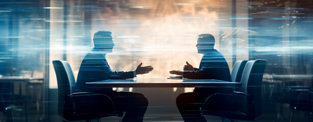 two silhouettes of businessmen in a modern office make a deal on further cooperation in business