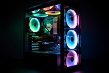 Gaming Pc With Colorful Lights And Component Repairs On Clean Background. Generative AI