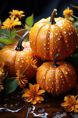 Wall Mural - Blurred Autumn background with pumpkins, flowers, and fall leaves on a wooden table, with copy space for text, Halloween and Thanksgiving concepts.