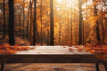 Wall Mural - Beautiful fall maple leaves in a sunset forest, with a wooden table with empty free space for product display, against a bokeh blurred background