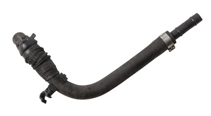 Sticker - Black rubber hose of the car engine cooling system on a white isolated background in a photo studio for replacement during repair or for a catalog of spare parts for sale on auto disassembly.