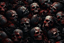 Eerie Pattern With Red And Black Skulls And Bones On A Black Background. Generative AI