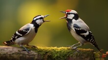 A Downy Woodpecker Displaying Aggression Towards A Male House Sparrow