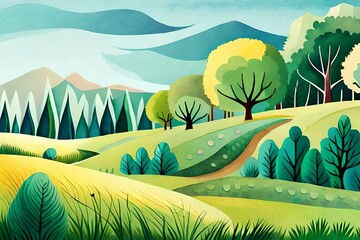 Poster - Watercolor cute pattern green forest abstract and birds stock illustration