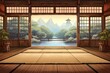 Illustration of a traditional karate dojo with training mat and rice paper windows. Generative AI