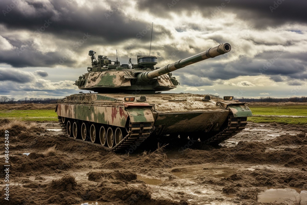 Active British tank on Salisbury Plain, UK. Generative AI