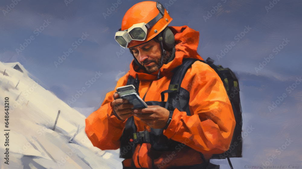 Search Rescue Mobile a SAR (Search and Rescue) member using a mobile phone : Background is ...