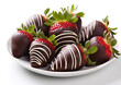 © DenisMArt - Plate with dark chocolate covered strawberries on white background.Macro.AI Generative