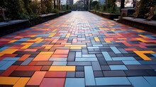 Selective Focus On Colorful Pedestrian Concrete Pavers. Arranged According To Pattern Design. Colorful And Attractive To Pedestrians.
