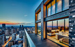 Modern apartment building exterior with panoramic city view at sunset.
