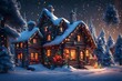 3d rending Amazing log house decorated of Christmas lights in magical forest with cartoon spruces and candy canes.