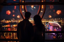 Elevated in a Ferris wheel cabin, a couple shares an intimate moment, their silhouettes contrasting against a vivid tapestry of carnival lights, illuminating the night's magic.


