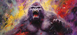 a colorful painting of a gorilla, colorful explosions, dark purple and dark gray.generative ai
