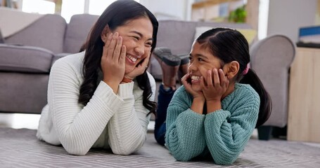 Poster - Floor, happy and face of girl with mother in home for healthy relationship, bonding and support. Family, love and portrait of mom and child in living room for happiness, care and trust for relaxing