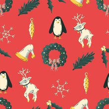 Vector Christmas Ornament Seamless Pattern On Red.
