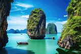 Fototapeta Fototapety z naturą - Halong Bay, Vietnam. The island is a tourist attraction. Amazed nature scenic landscape James bond island with a boat for traveler Phang Nga Bay, AI Generated