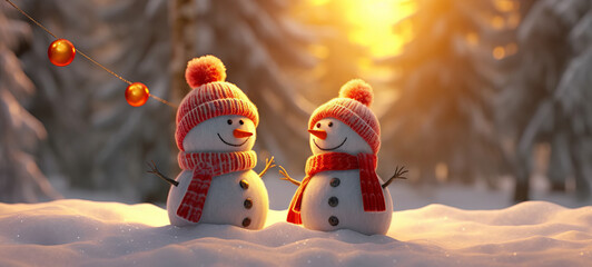 Wall Mural - snowmen knitted with red wool hat and orange scarf in snow with forest in background.