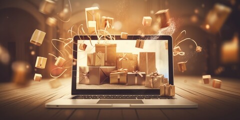 Leinwandbilder - A Laptop Screen Displays a Shopping Cart Filled with Presents, Signifying Christmas Shopping, Black Friday, and the Convenience of Online Holiday Purchases during the Festive Christmas Season