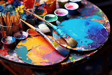 Canvas Print - A wooden table filled with an assortment of paint brushes and tubes of paint. Perfect for artists, painters, and creative projects.