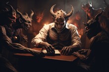 A Painting Depicting A Man Wearing A Horned Mask Sitting At A Table. This Image Can Be Used To Create A Mysterious And Intriguing Atmosphere In Various Projects.