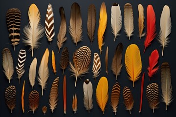 Canvas Print - A collection of various colored feathers displayed against a black background. Perfect for adding a vibrant touch to any project or design.