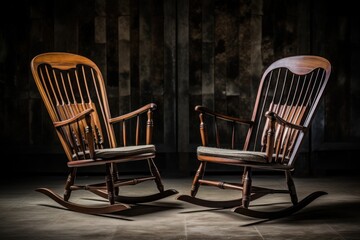 Wall Mural - Two wooden rocking chairs sitting next to each other. Perfect for adding a rustic touch to any outdoor space.