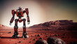 mastodontico robot meccanico fermo  sulla superficie di una luna rossa desertica, spazio sullo sfondo