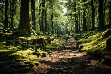Wall Mural - a sunlit forest with rays of light filtering through the canopy and illuminating the ground. generat