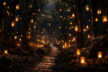 Canvas Print - A haunted forest trail illuminated by eerie lanterns and flickering candles. Generative Ai.