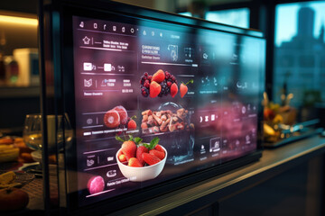 Wall Mural - the vibrant display of a smart refrigerator, showcasing innovative features like touch screens, digi