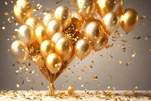 Craft An Eye-catching 3D Rendering Of A Festive Bouquet Filled With Transparent, Golden Balloons And Elegant Gold Ribbons, Accented By Serpentine And Confetti. An Excellent Choice For Party-themed Ill