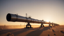 Oil Pipeline In Desert With Sunset In Background. Highly Detailed And Realistic High Resolution Concept Design Illustration
