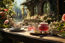 A Garden Tea Party With Victorian-era Decor And Freshly Brewed Herbal Infusions. Generative Ai.
