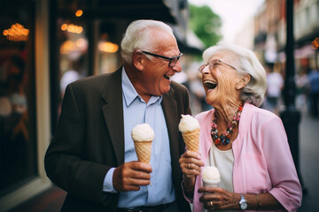 Wall Mural - Happy elder couple having Ice cream cone on their hands, Couple with ice cream, Adorable aged man and woman having fun by eating ice cream with big laugh, senior couple enjoying life, AI generated