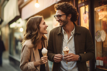 Wall Mural - Modern couple holding an Ice cream cone on their hands, Young girl and a boy holding ice creams on their hand, teen couple having fun by eating ice cream, young couple enjoying life, AI generated