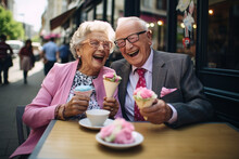 Happy Elder Couple Having Ice Cream Cone On Their Hands, Couple With Ice Cream, Adorable Aged Man And Woman Having Fun By Eating Ice Cream With Big Laugh, Senior Couple Enjoying Life, AI Generated