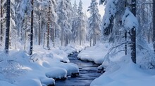 Winter Excursion By Stream In Snow Secured Woodland In Oulanka National Stop In Lapland Finland