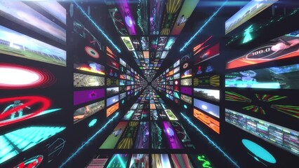 Wall Mural - streaming bundle service showing how many videos with different genre is in database. Modern tunnel zoom collage animation