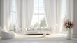 © lililia - a modern white living room interior. Showcase the beauty of the room with large, billowing curtains on the window that bring in soft natural light.