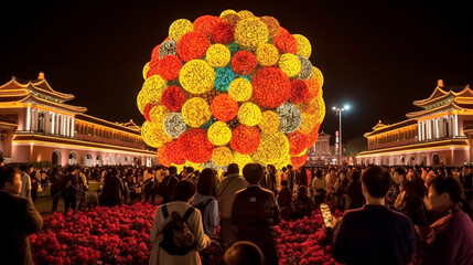 Poster - globe and flower decoration at night China national day